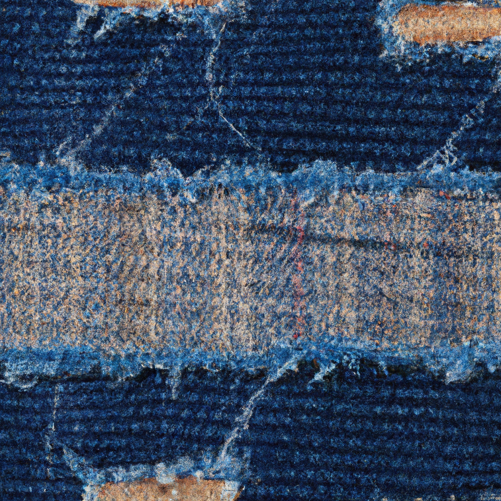 Close-up of denim distressing and patchwork with visible stitches and indigo texture