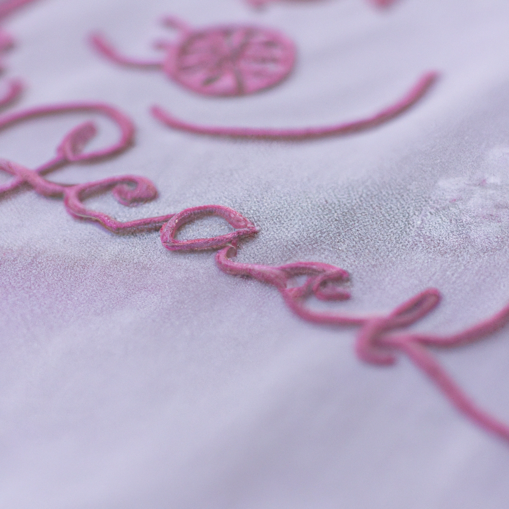 Macro view of hand embroidery typography stitches on a cotton t-shirt in neutral palette
