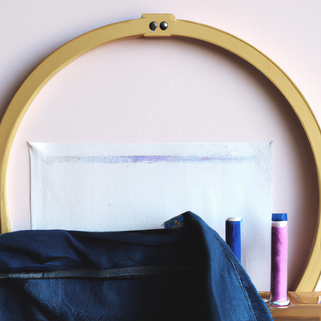 Minimalist workbench with denim jacket, embroidery hoop, screen printing frames, and eco dyes in soft daylight