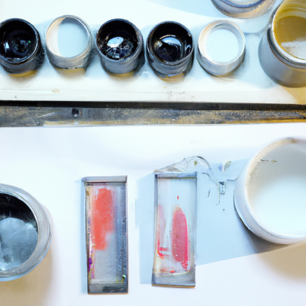 Screen printing workshop flatlay with squeegee, ink jars, and clean stencil grid on minimal background